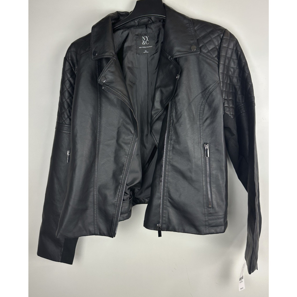 NWT New York & Company Faux Leather Moto Jacket Black Quilted Shoulders XXL NY&C - Picture 4 of 11
